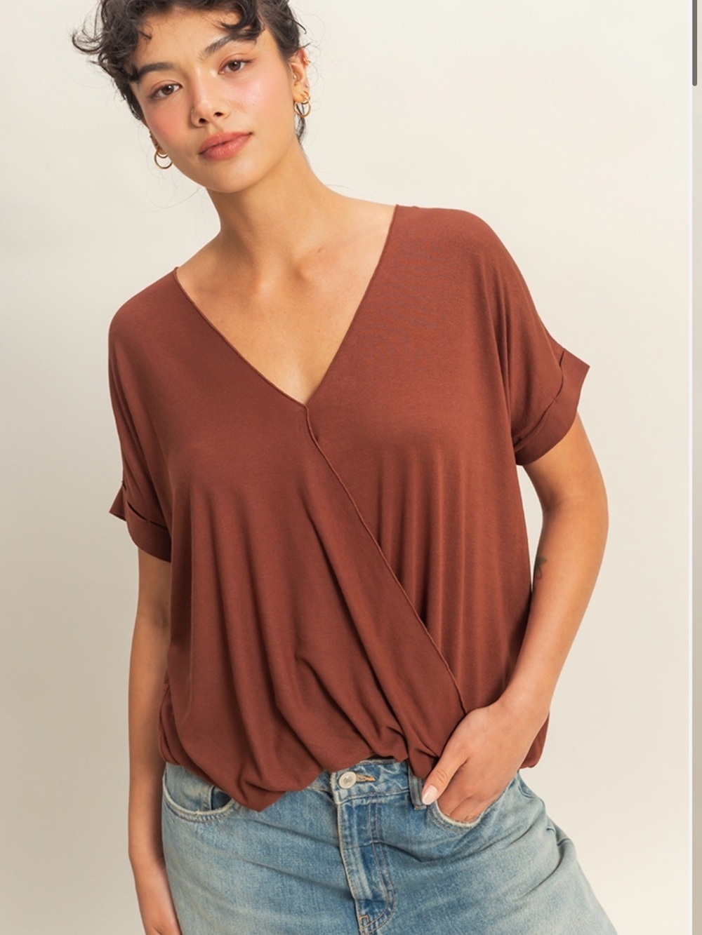 Twist-Front V-Neck Short Sleeve Top in Rust - NWT - Small - Picture 5 of 5